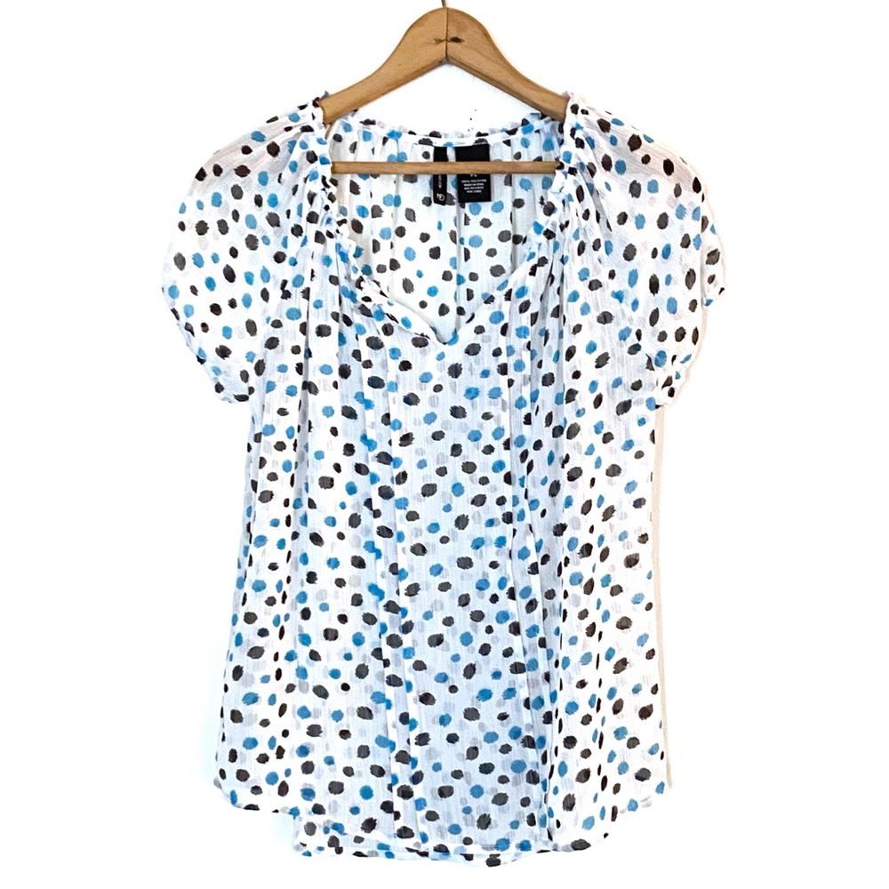 New Directions Petite Polka Dot Pintuck Blouse Short Sleeve Sheer Popover Top S